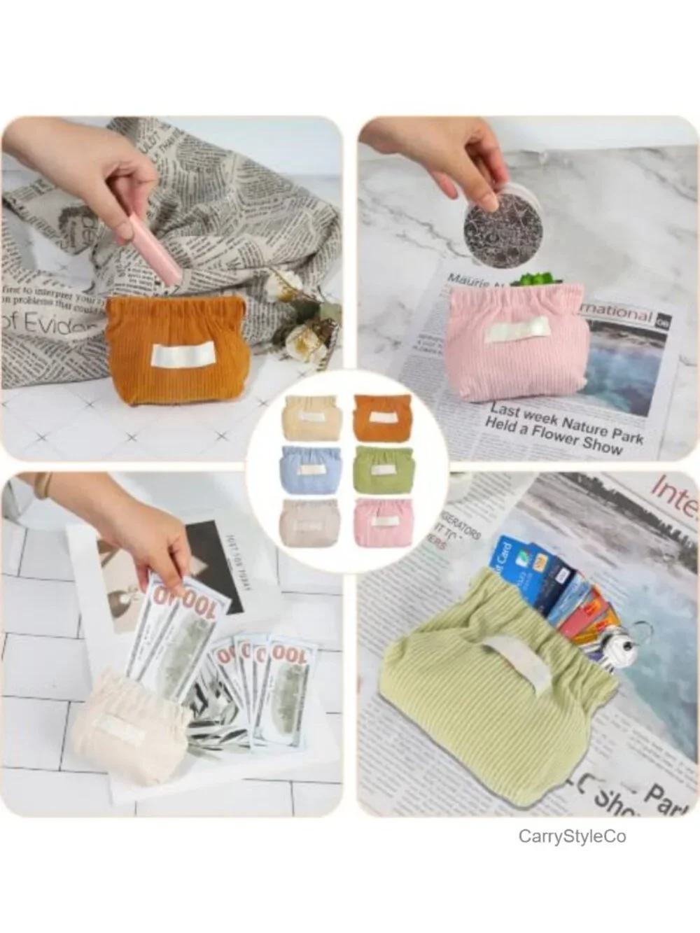 7-Piece Corduroy Makeup Bag Set No-Zipper Squeeze Pouch Organizer with Mirror